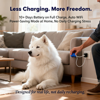 Lifestyle scene Less Charging More Freedom: owner plugs the blue tracker into a wall outlet while the Samoyed rests
