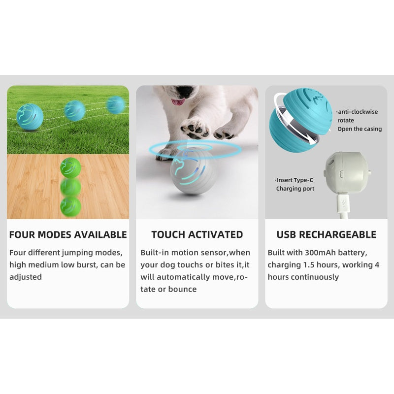 Q2 dog ball feature panels: four jumping modes, touch-activated motion sensor, USB rechargeable 300 mAh battery
