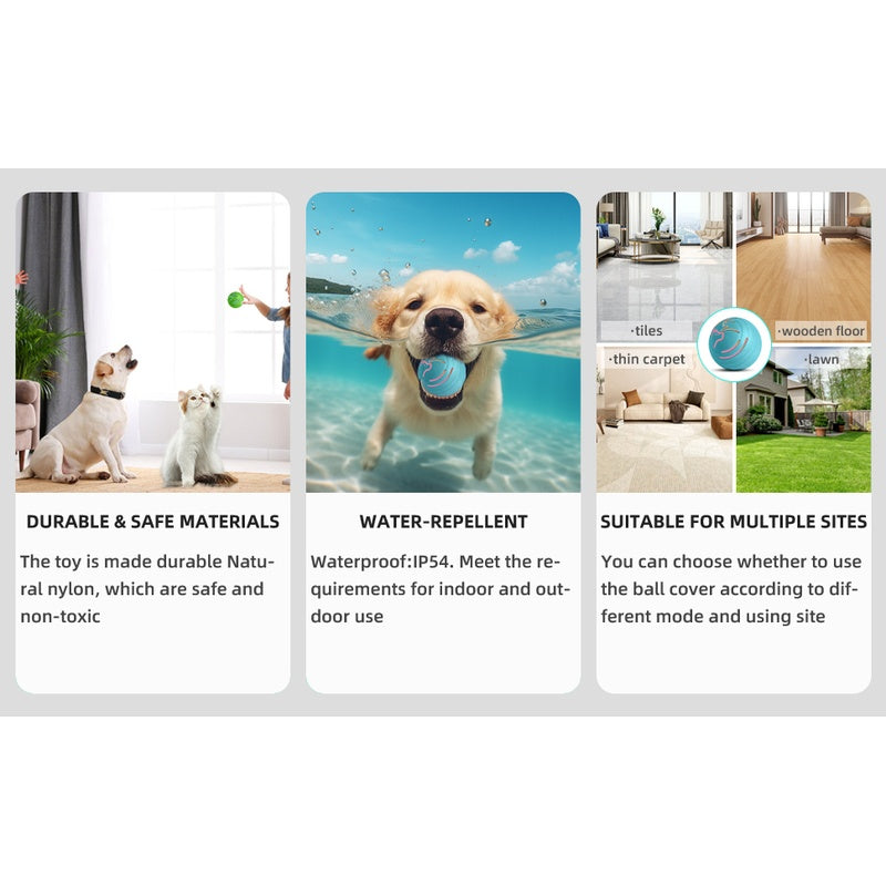 Q2 automatic dog ball feature overview: durable natural nylon, IP54 water-repellent, suitable for tiles, carpet, lawn