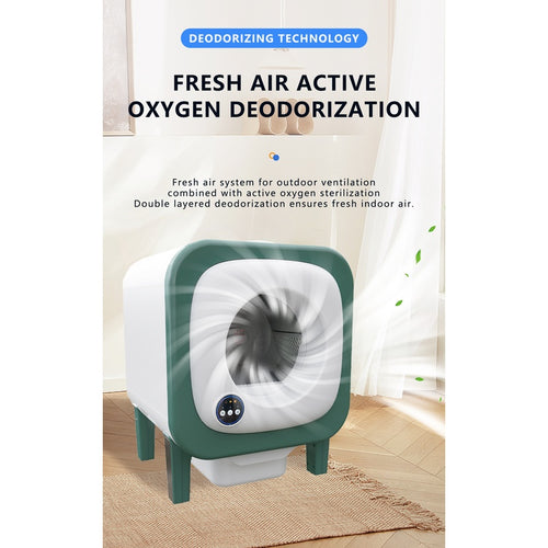 X25 AI smart self-cleaning cat litter box in white and green, fresh air active oxygen deodorization label