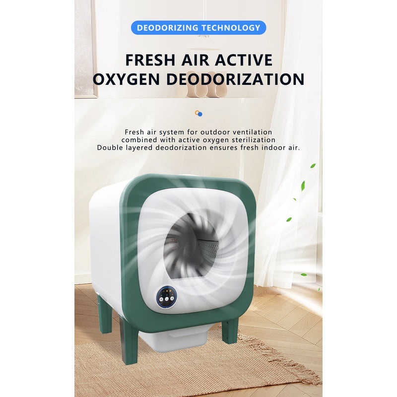 X25 AI smart self-cleaning cat litter box in white and green, fresh air active oxygen deodorization label