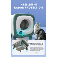 X25 smart cat litter box beside a Maine Coon cat, intelligent radar protection and gravity sensing infographic