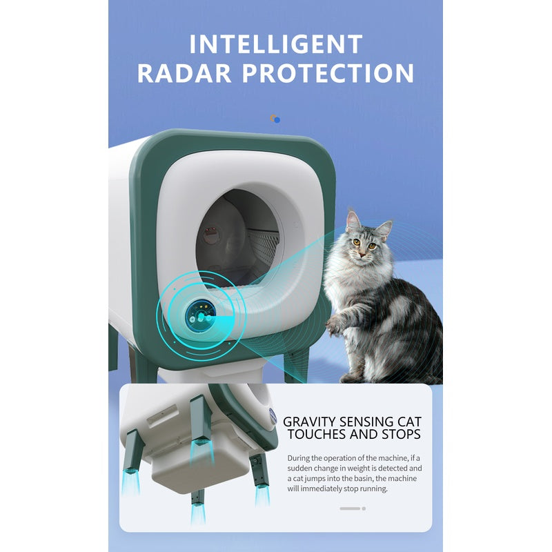 X25 smart cat litter box beside a Maine Coon cat, intelligent radar protection and gravity sensing infographic