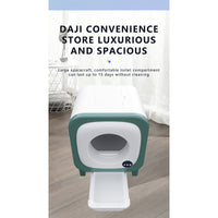 X25 self-cleaning cat litter box front view on wood floor, luxurious and spacious 15 days without cleaning label