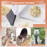 Accessories Included collage: broom and dustpan, hair brush, corrugated scratch pad and poop bags that come with the SU-01