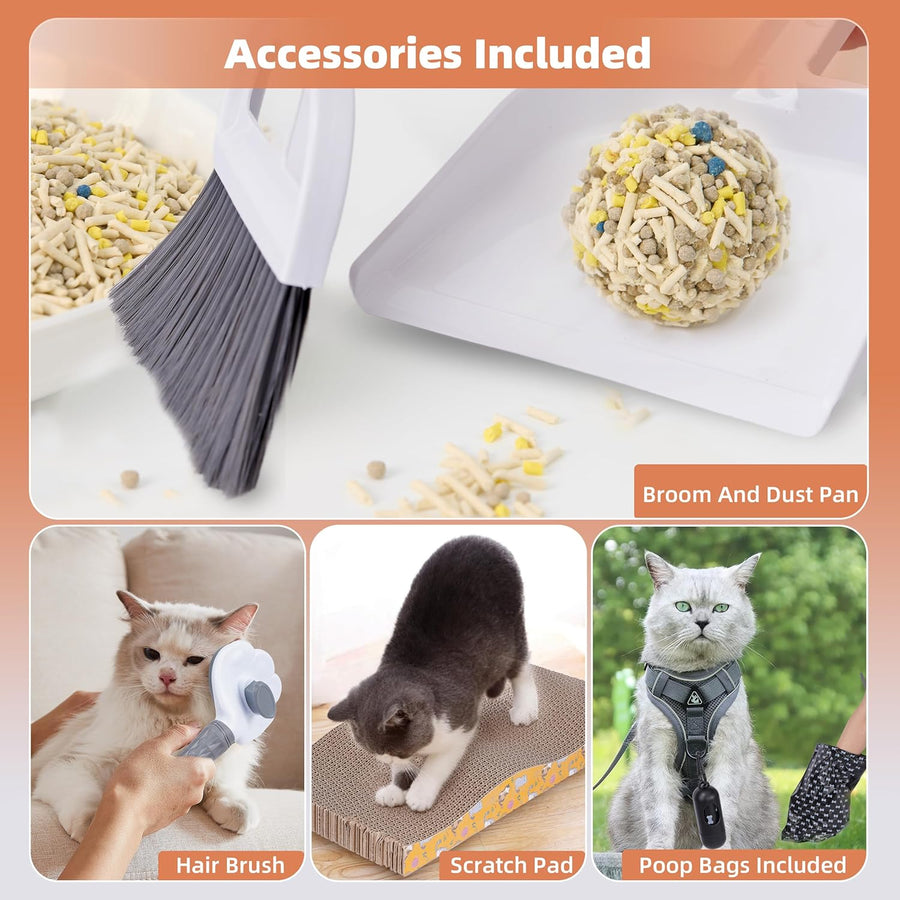 Accessories Included collage: broom and dustpan, hair brush, corrugated scratch pad and poop bags that come with the SU-01