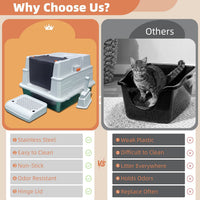 Why Choose Us comparison chart contrasting the SU-01 stainless steel features against a typical plastic litter box