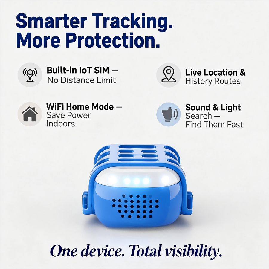 Smarter Tracking More Protection: blue tracker with four LEDs and four icons for IoT SIM, live location, WiFi mode