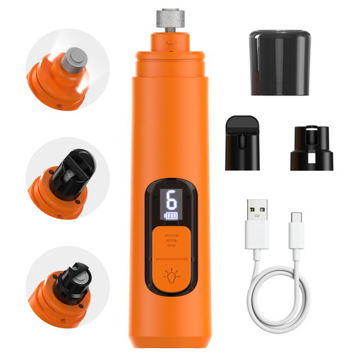 Orange M06 pet nail grinder with three grinding head attachments, two nozzle covers, dust cap and USB-C cable on white.