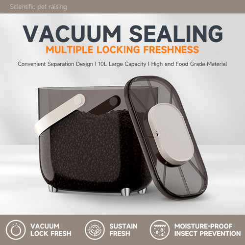 Q5 vacuum sealed pet food storage bucket in smoky brown filled with kibble, lid leaning beside it
