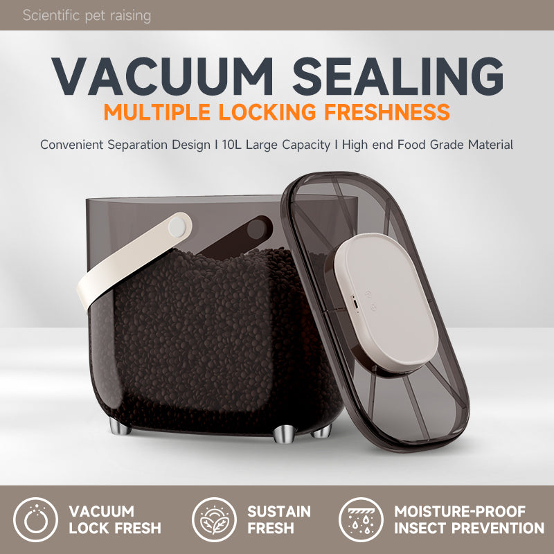 Q5 vacuum sealed pet food storage bucket in smoky brown filled with kibble, lid leaning beside it