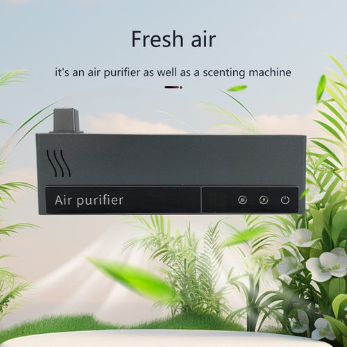 W6 Mini wall-mounted air purifier in black on a leafy green background with fresh air and scenting machine text