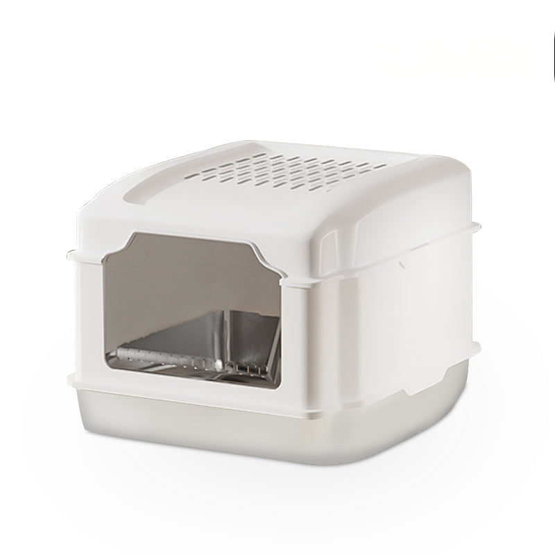 S5 enclosed white modular stainless steel cat litter box on white background with PETSTAR logo