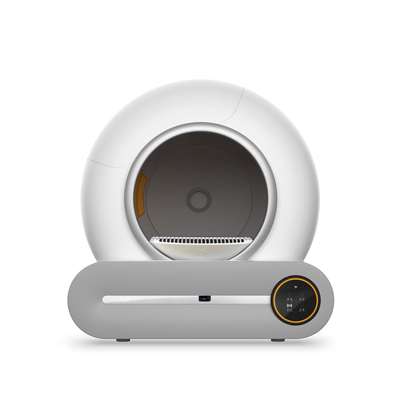 Front view of the white X30 litter box on its gray base, showing the oval entrance