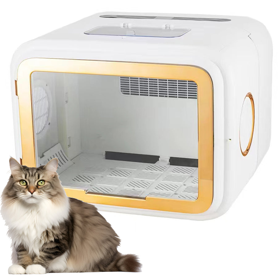 A9 foldable pet hair dryer box in white with gold trim and a Maine Coon cat sitting beside it