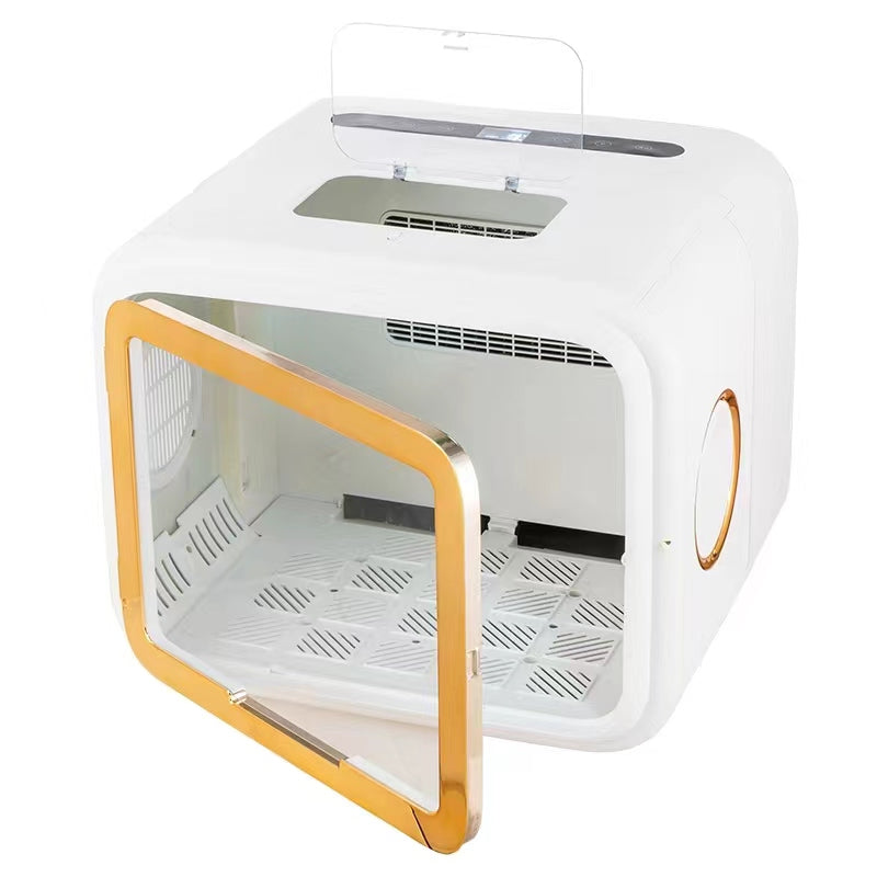 A9 foldable pet dryer box with transparent front door open, revealing the interior drying platform