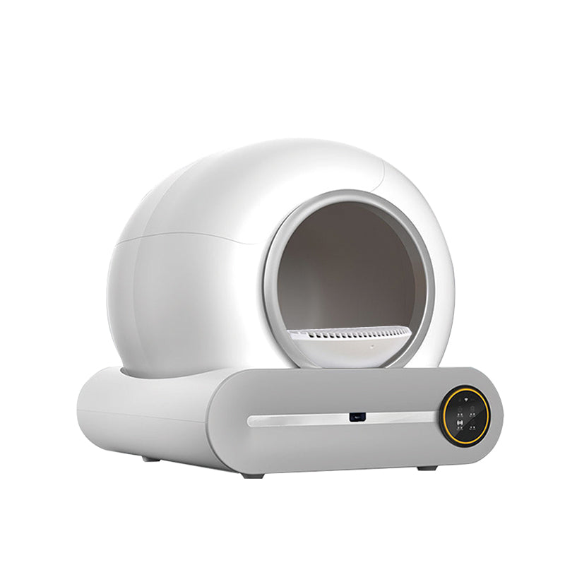 Three-quarter angle product shot of the white X30 self-cleaning litter box with oval opening and side status display