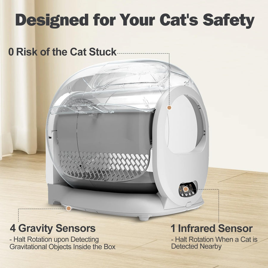 X26 smart self-cleaning cat litter box with transparent top, 4 gravity sensors and 1 infrared sensor labeled