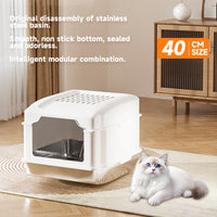White S5 stainless steel cat litter box on a rug with a Ragdoll cat beside, marked 40 cm size
