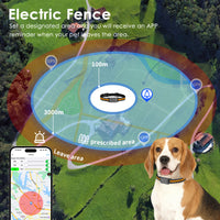 Aerial view of a farm with circular geo-fence overlay, beagle wearing the C9 collar and phone showing fence configuration.