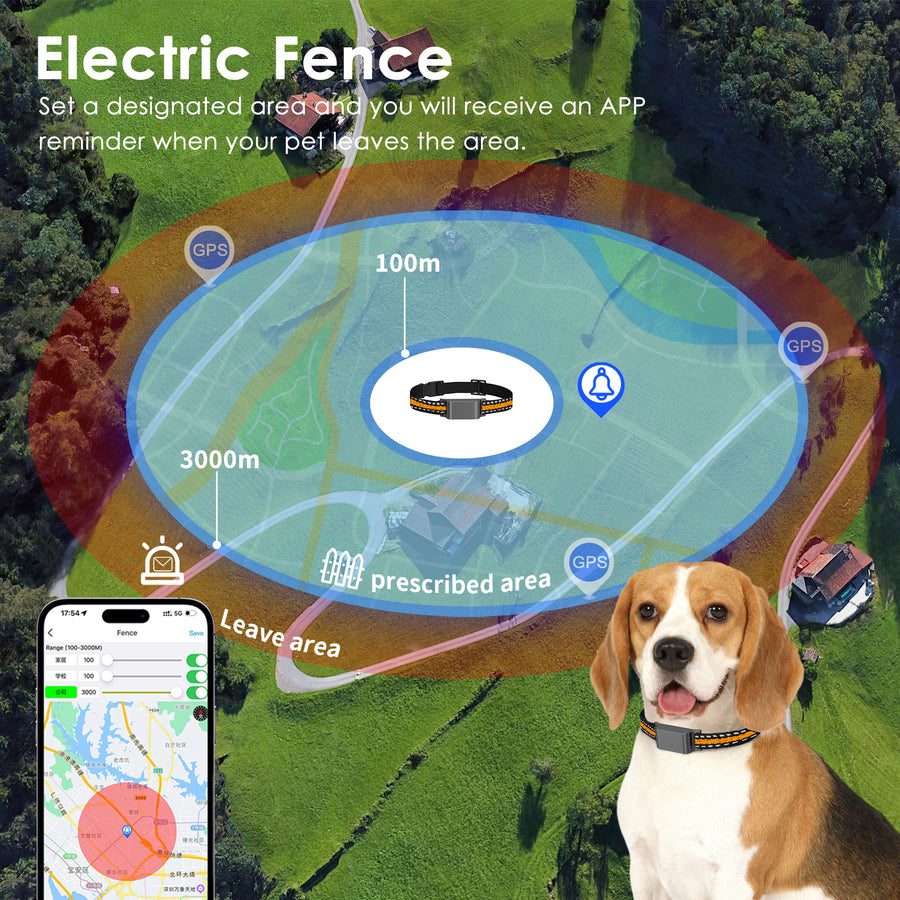 Aerial view of a farm with circular geo-fence overlay, beagle wearing the C9 collar and phone showing fence configuration.