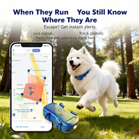 Park scene When They Run: phone screen shows a geo-fence polygon map beside a running Samoyed wearing the blue GPS pet