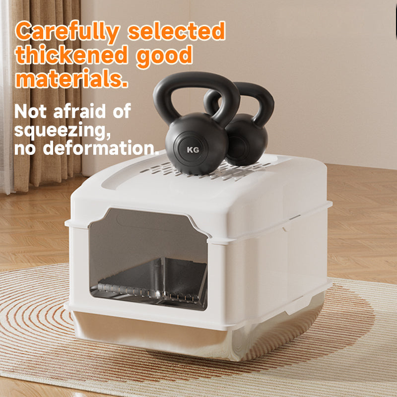 White S5 stainless steel cat litter box with a kettlebell on top demonstrating sturdy, deformation-resistant materials