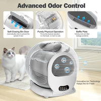 X26 cat litter box beside a Ragdoll cat, advanced odor control: self-closing bin door, baffle plate, ion technology