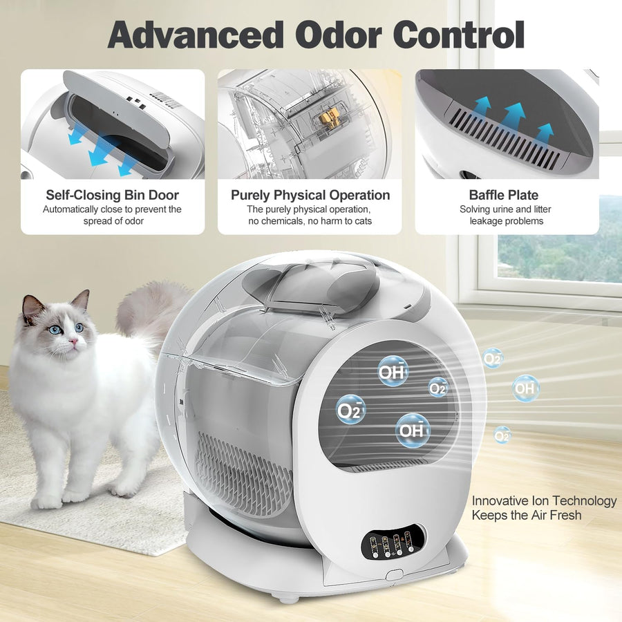 X26 cat litter box beside a Ragdoll cat, advanced odor control: self-closing bin door, baffle plate, ion technology