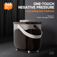 Q5 transparent vacuum grain storage bucket on a dark background with text One-Touch Negative Pressure highlighting long