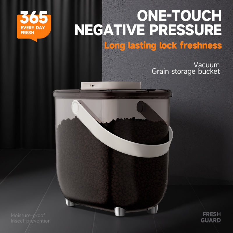 Q5 transparent vacuum grain storage bucket on a dark background with text One-Touch Negative Pressure highlighting long