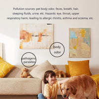 Living room with child petting a golden retriever on a sofa, illustrating pet body odor, pathogens, and parasites