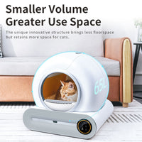 White X30 self-cleaning cat litter box with 65L callout on a living room rug, an orange tabby cat peeking from the round