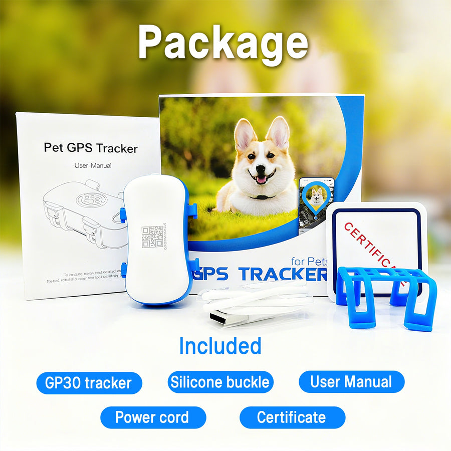 Package contents: GP30 tracker, silicone buckles, user manual, USB power cord and certificate with the retail box