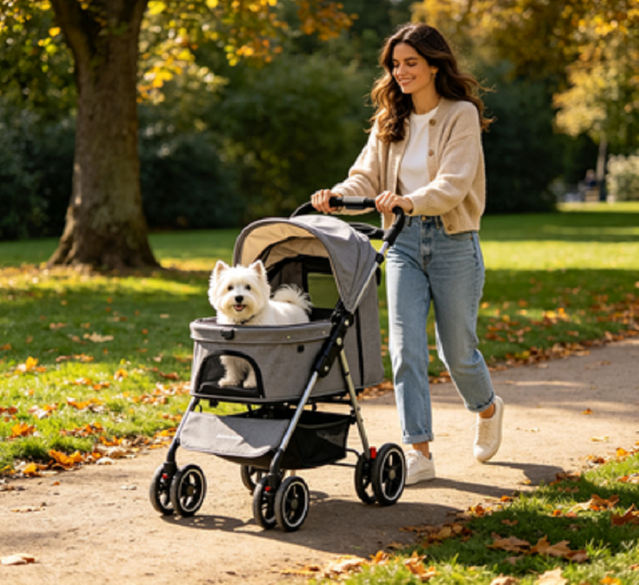 Woman walking the gray pet stroller through an autumn park with a small white Westie inside