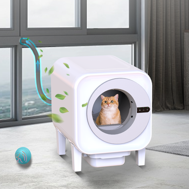 Orange cat sitting inside the entrance of the X27 smart litter box, illustrated airflow arrows and leaves showing the fresh