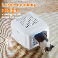 White S5 stainless steel cat litter box with a black and white cat entering, highlighting the large opening design