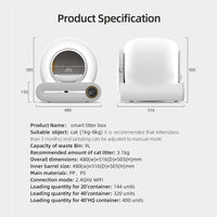 Size and specification diagram of the X30 cat litter box with front and side dimensions in millimetres plus full spec list