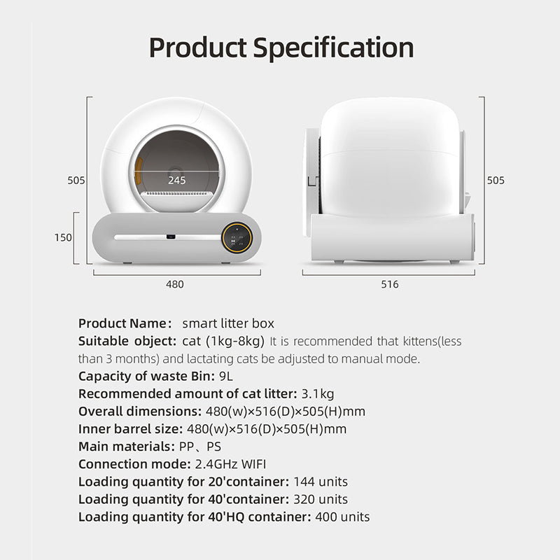 Size and specification diagram of the X30 cat litter box with front and side dimensions in millimetres plus full spec list