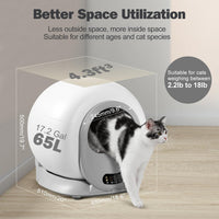X26 self-cleaning cat litter box with a tabby cat emerging, size diagram 65L and 4.3 cubic feet