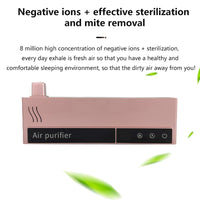 Rose gold version of the W6 air purifier with text on 8 million negative ions, sterilization, and mite removal