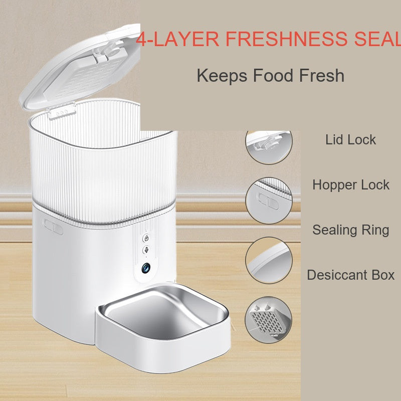 4-Layer Freshness Seal diagram: lid lock, hopper lock, sealing ring and desiccant box on the X42 with the lid open and bowl