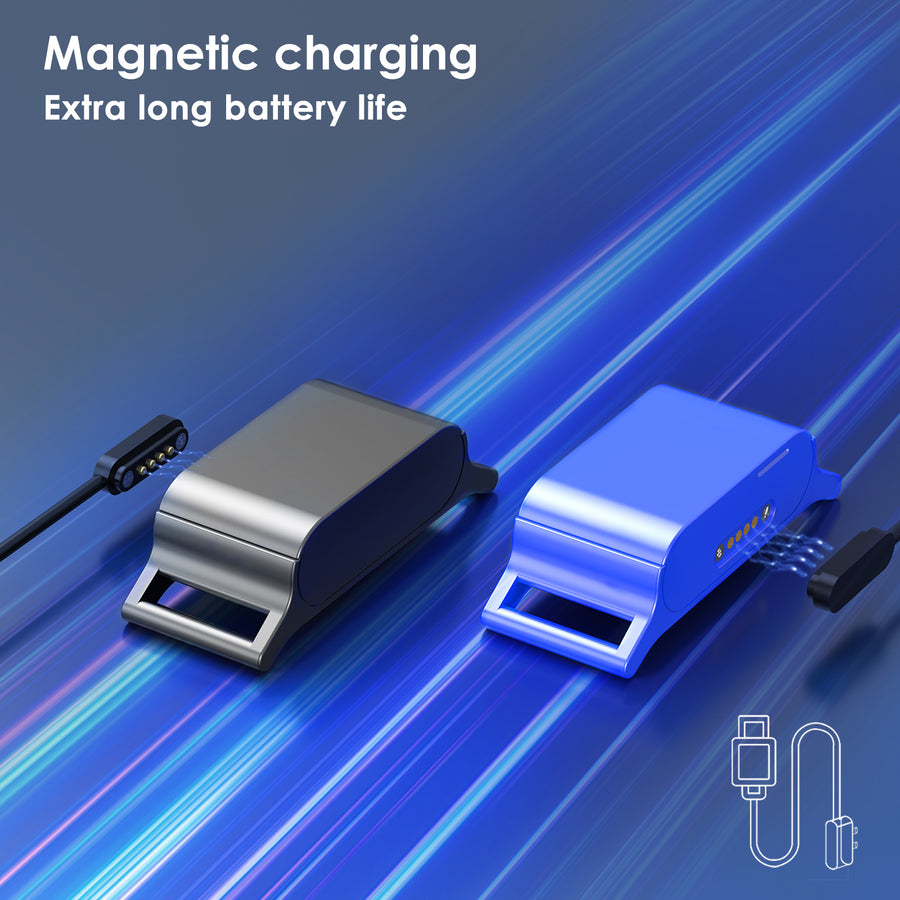 Two C9 magnetic charging docks in black and blue with magnetic pogo-pin cable; extra long battery life callout.