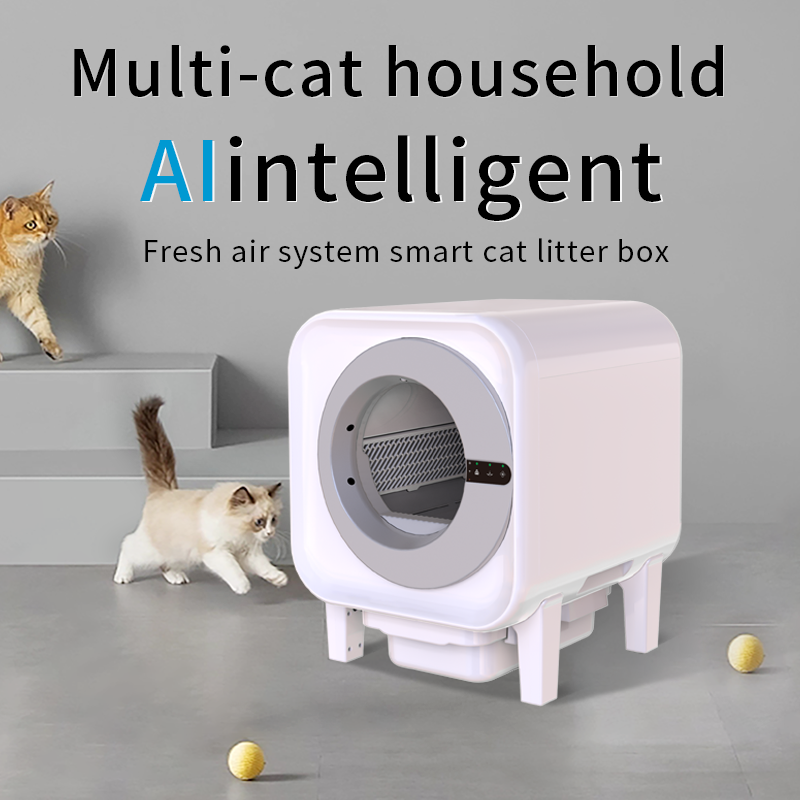 X27 self-cleaning litter box promotional graphic reading Multi-cat household AI intelligent, two cats playing beside the unit