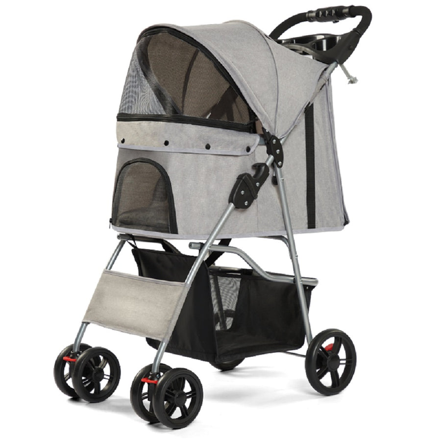 Gray foldable pet stroller with canopy, mesh windows, four wheels and a lower storage basket, shown on white background