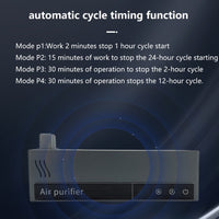 Black W6 air purifier on a dark background showing four automatic cycle timing modes from P1 to P4