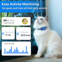 Easy Activity Monitoring: white cat wearing the blue tracker beside app cards for daily goal
