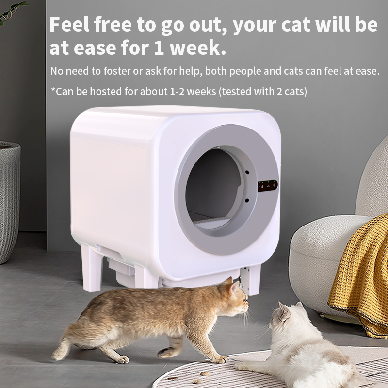 Lifestyle scene with the X27 automatic litter box in a minimalist room, text Feel free to go out