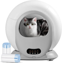 X26 self-cleaning cat litter box with a tabby cat inside and two rolls of waste bags beside it