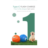 Orange and blue Q6 dog balls on grass with a Golden Retriever puppy, Type-C flash charge in one hour label